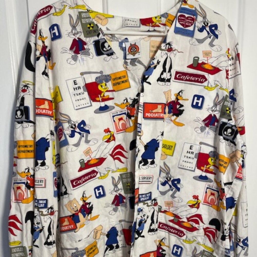 Looney Tunes Characters themed colorful scrub top, size large, long slv cotton